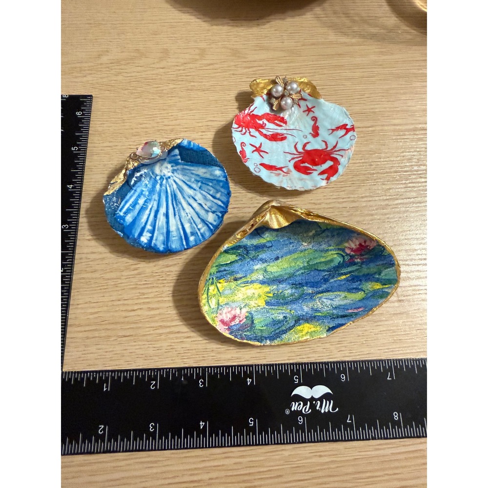 Handmade Decoupage Seashell‎ Trinket Dish Set Floral Nautical Gold Trim 3pc